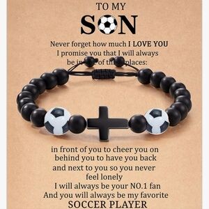 To My Son Bracelet 7" Adjustable Natural Stone Beads Cross Charm Soccer